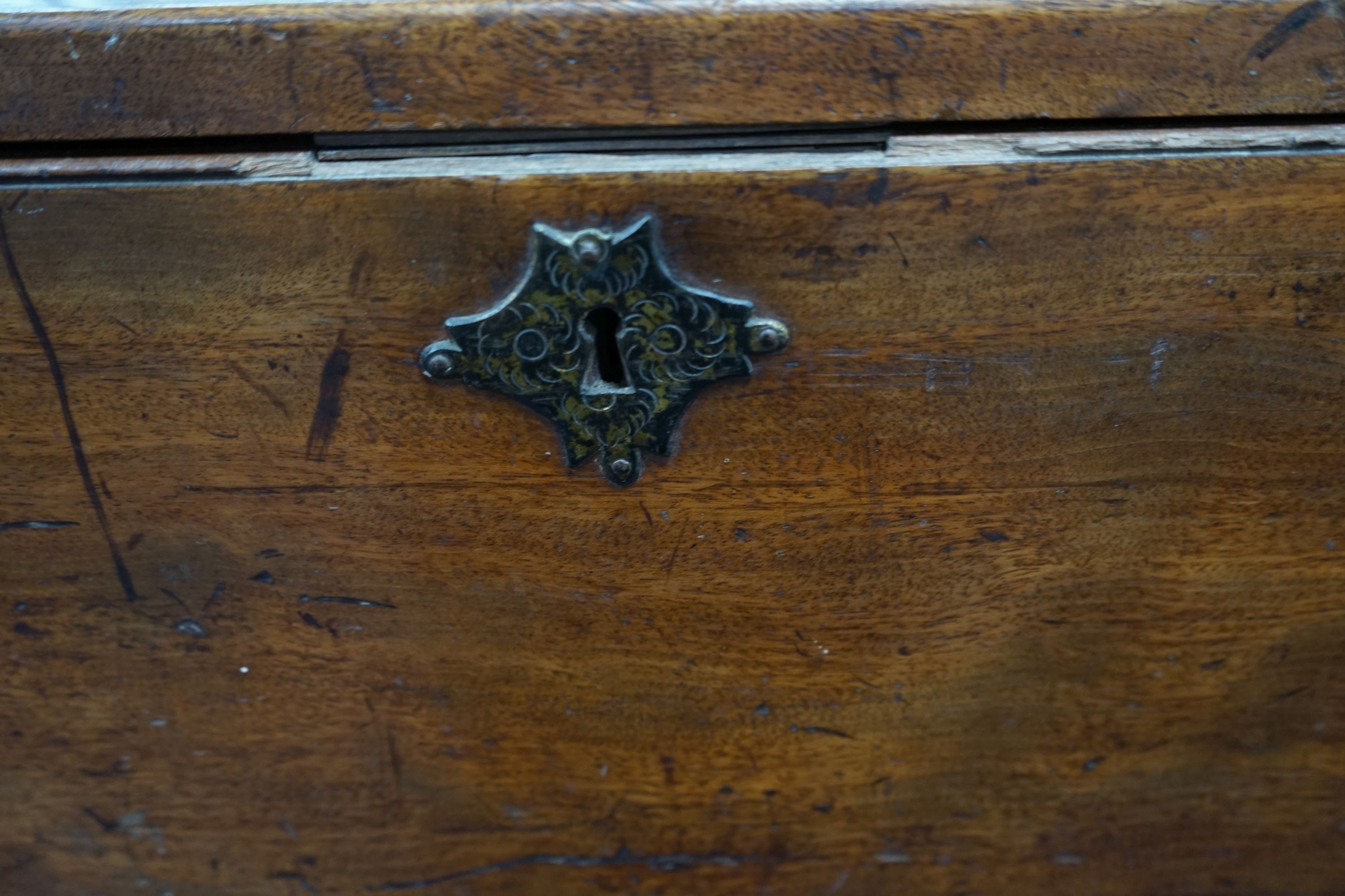 A 19th century brass-bound teak campaign trunk, having hinged top and side mounted carrying handles, width 55cm, depth 43cm, height 44cm